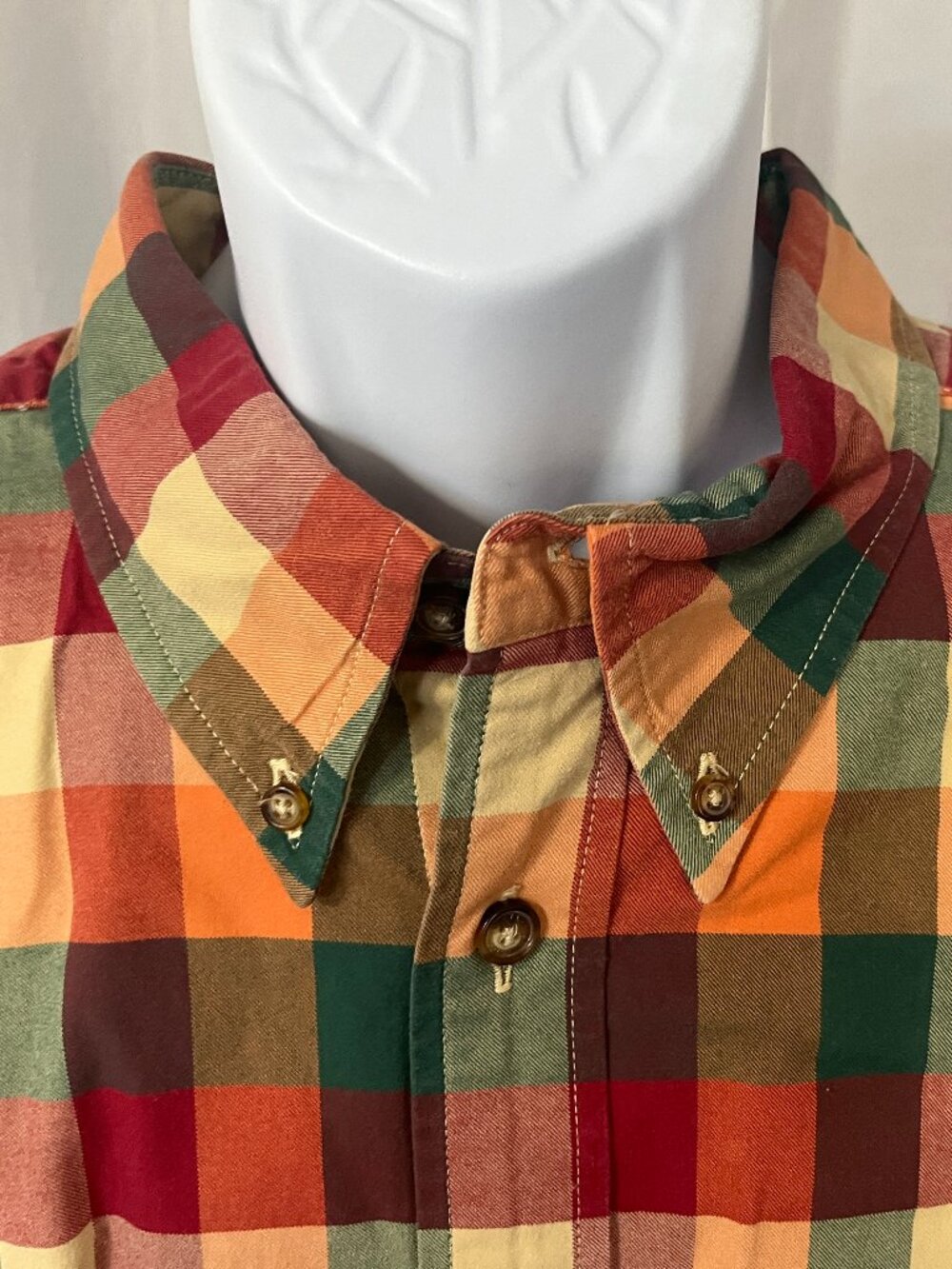 🎣 Orvis Mens Bold Checkered Green Yellow Red Orange Long Sleeve Shirt XL 🧵